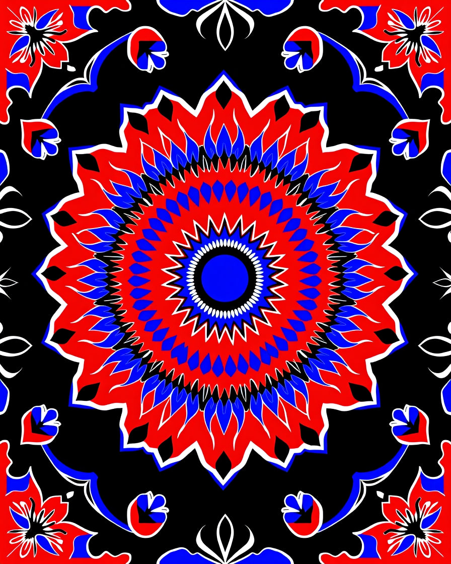 Vivid Red Blue Black Floral Mandala Rug