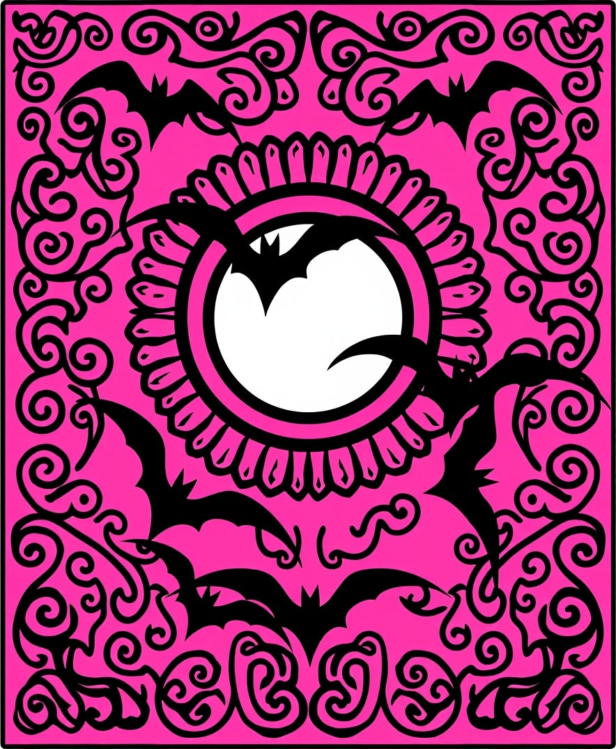 Fuchsia Flying Bats Spiral Frame Rug