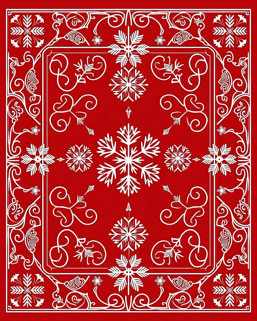 Crimson Snowflake Scrollwork Frame Rug
