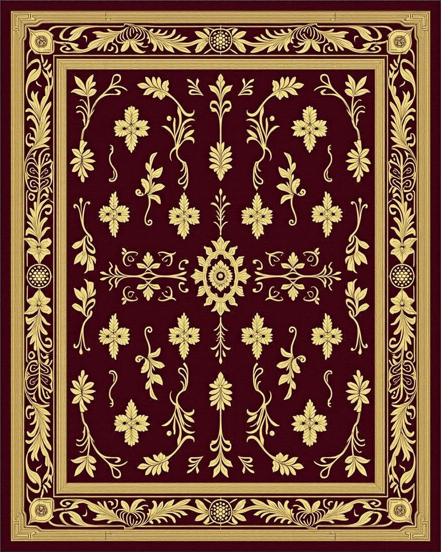 Crimson Gold Floral Scroll Border Rug