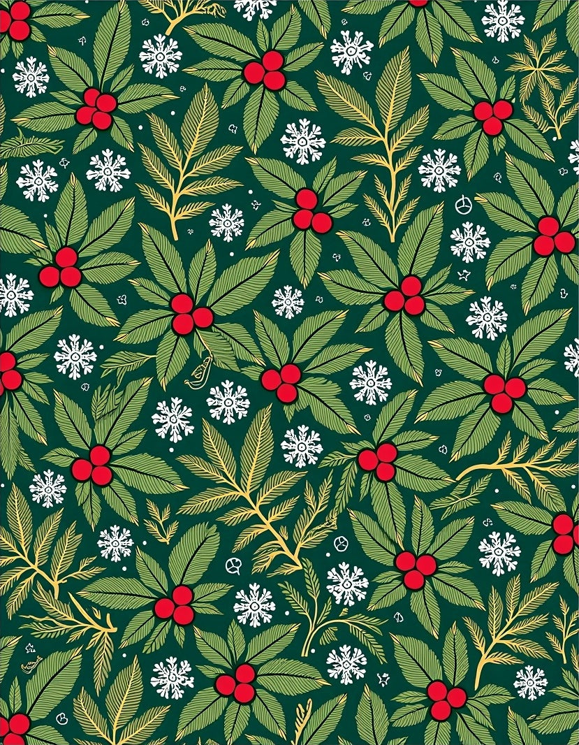 Festive Green Holly Berry Snowflakes Rug