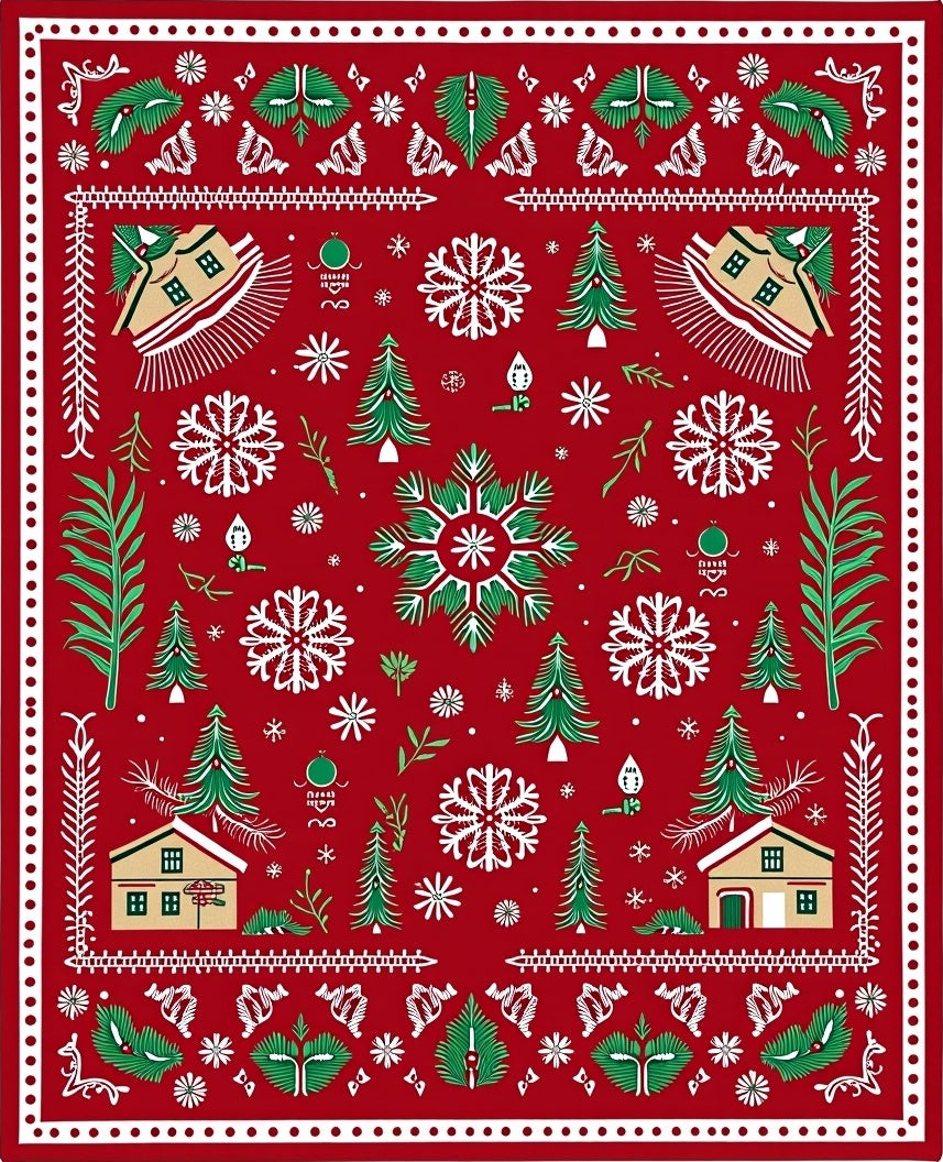 Red Festive Winter Village Snowflakes Rug