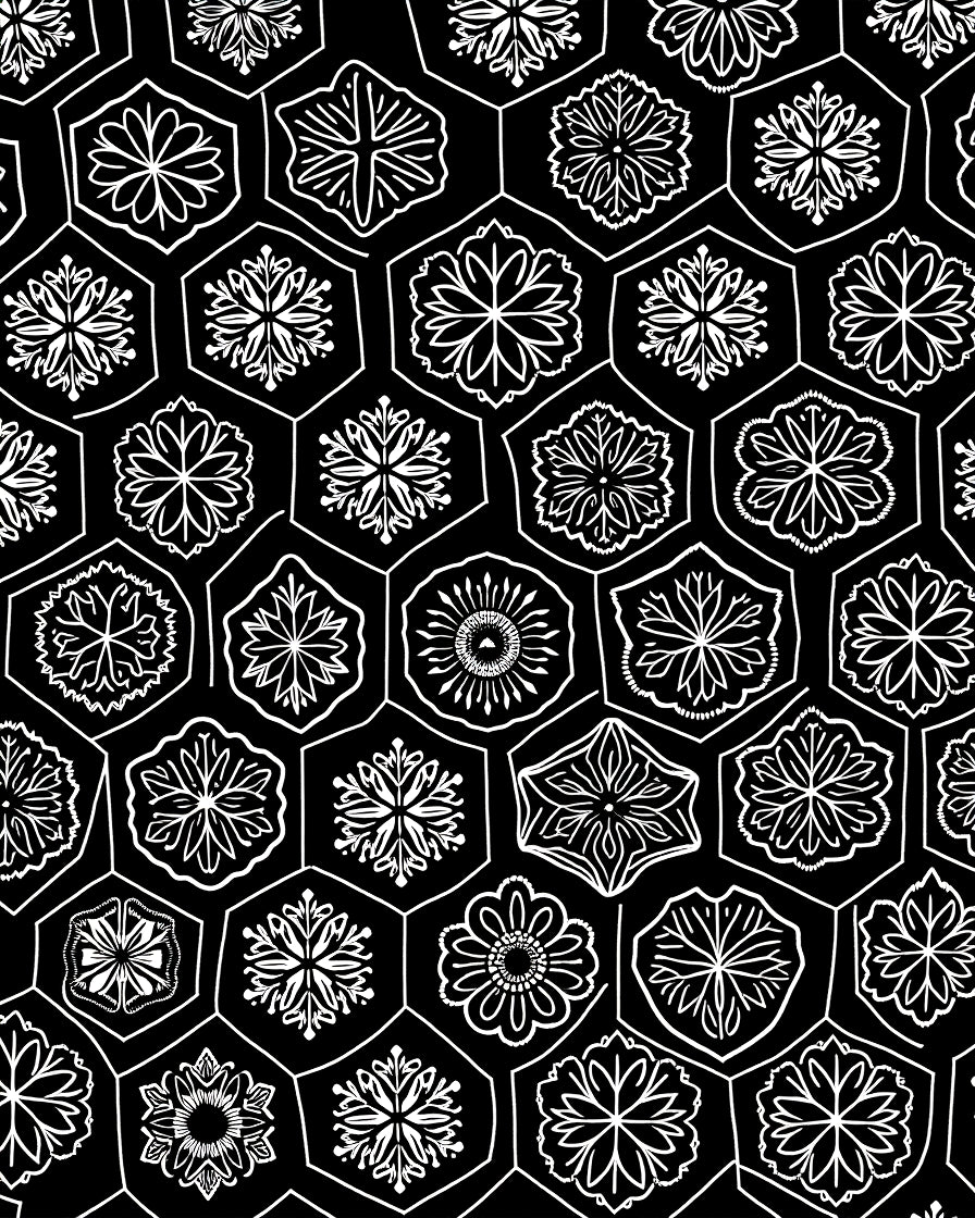 Black White Floral Hexagon Repeat Rug