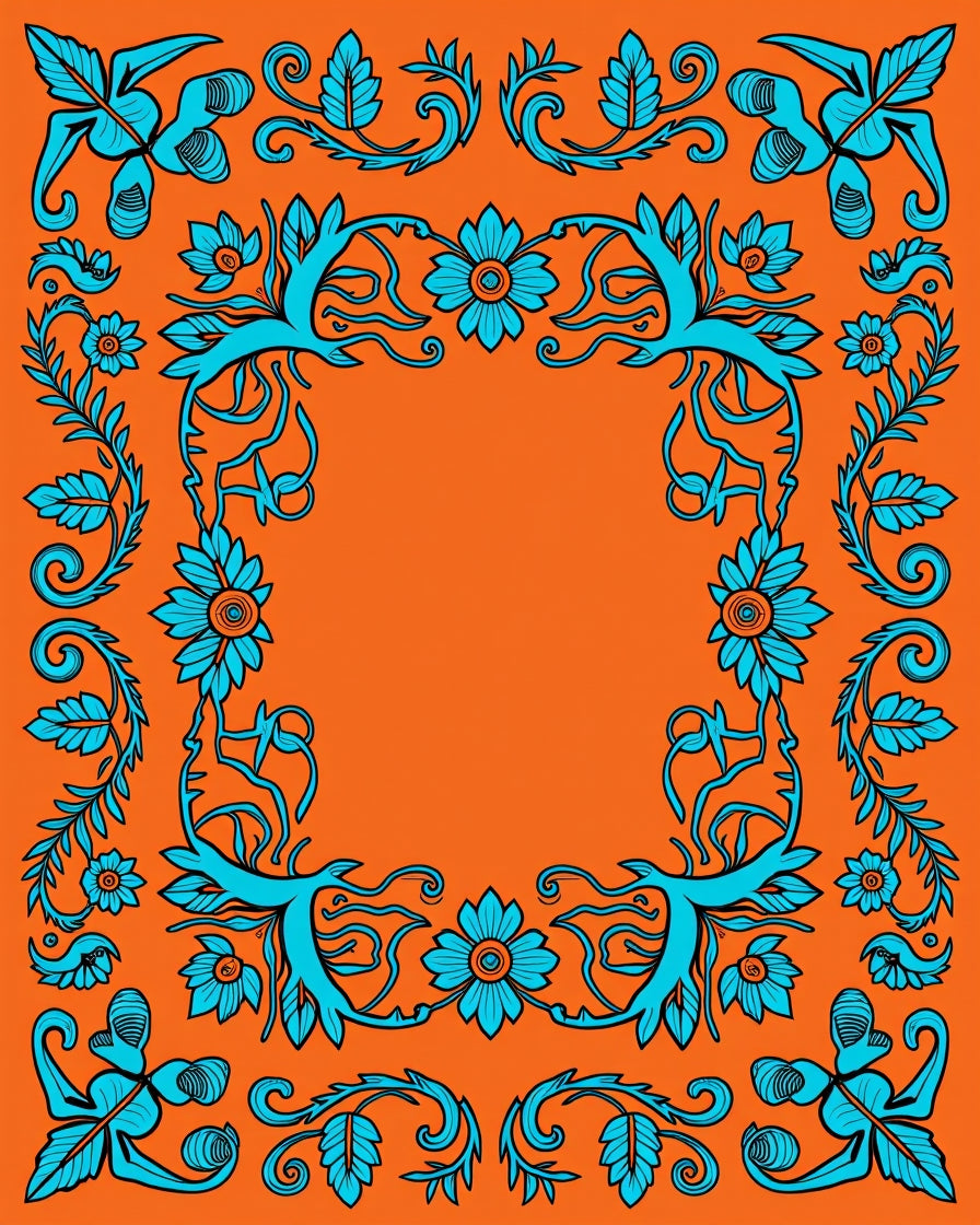 Bright Orange Teal Floral Scrollwork Rug