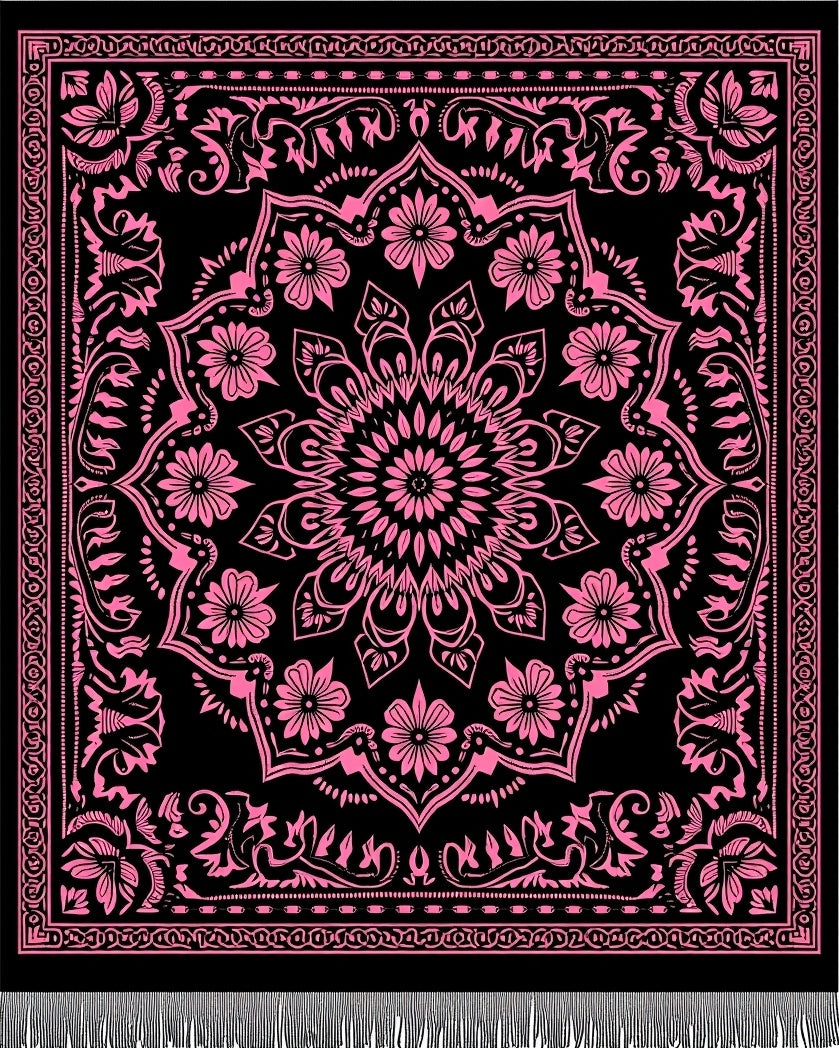 Hot Pink Mandala Floral Black Rug