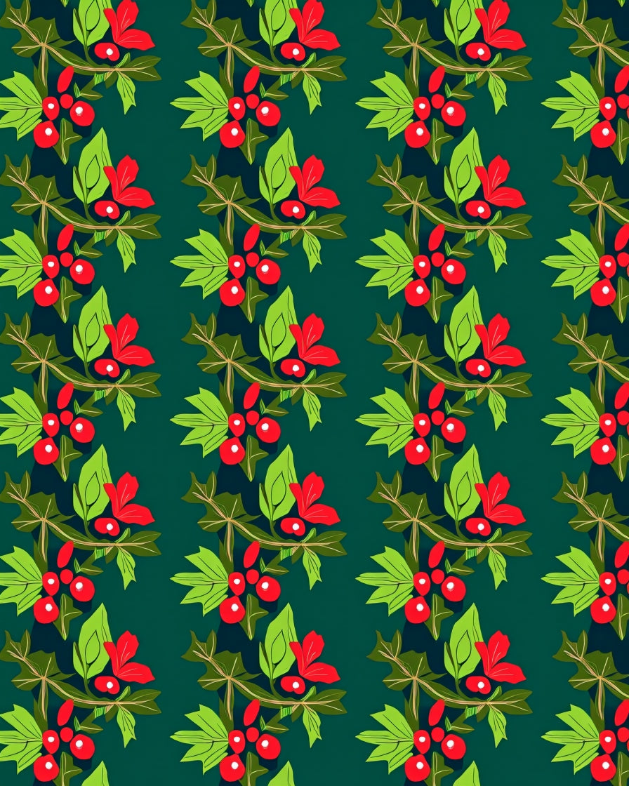Red Berry Holly Green Sprig Repeat Rug