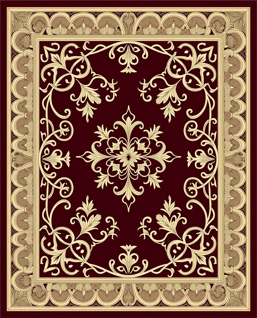 Maroon Floral Scrollwork Medallion Rug