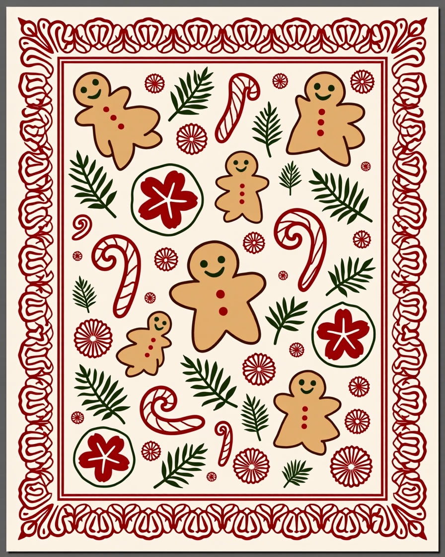 Festive Gingerbread Candy Cane Foliage Border Rug