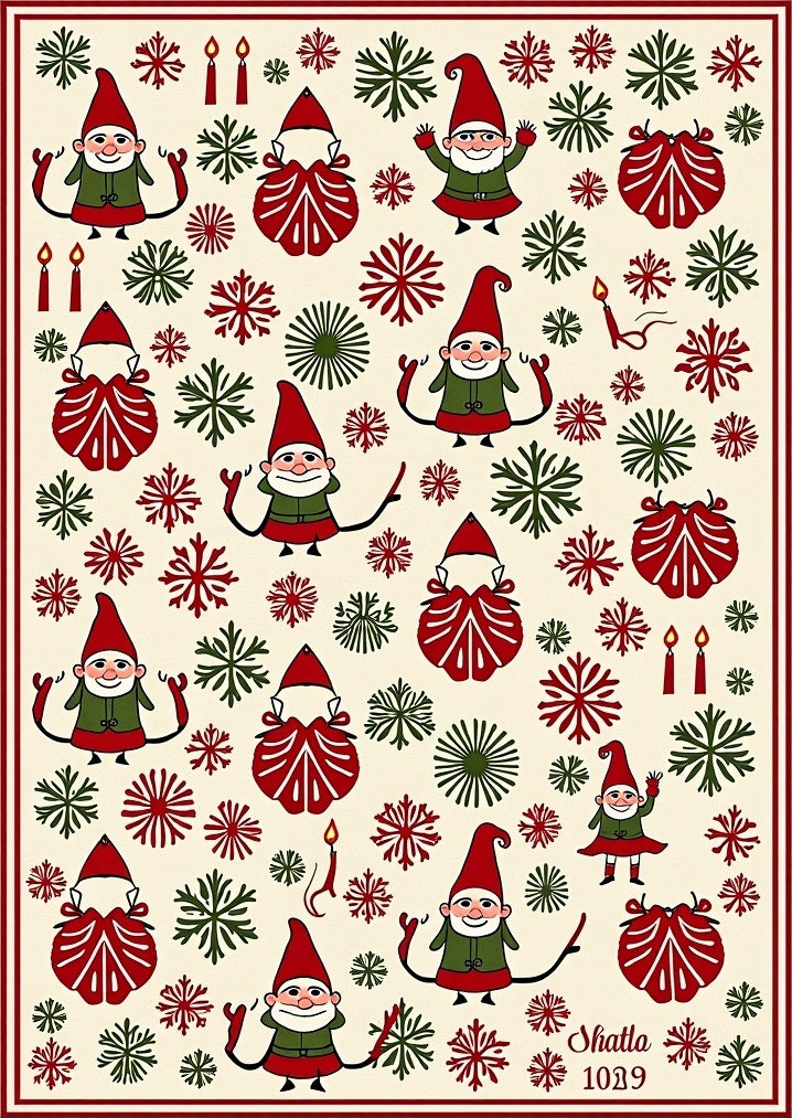 Festive Red Green Gnome Snowflake Scatter Rug
