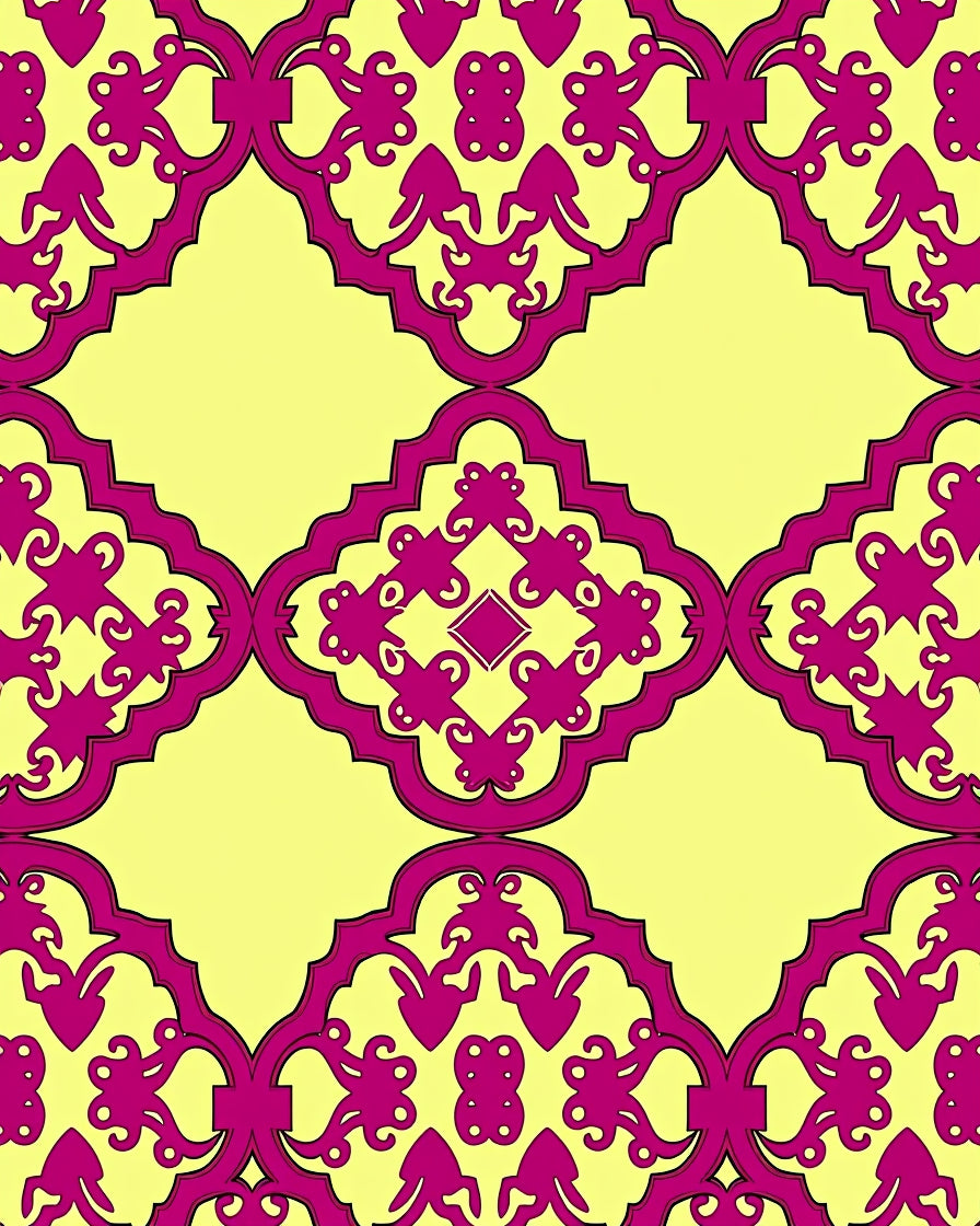 Vibrant Magenta Arching Filigree Yellow Rug