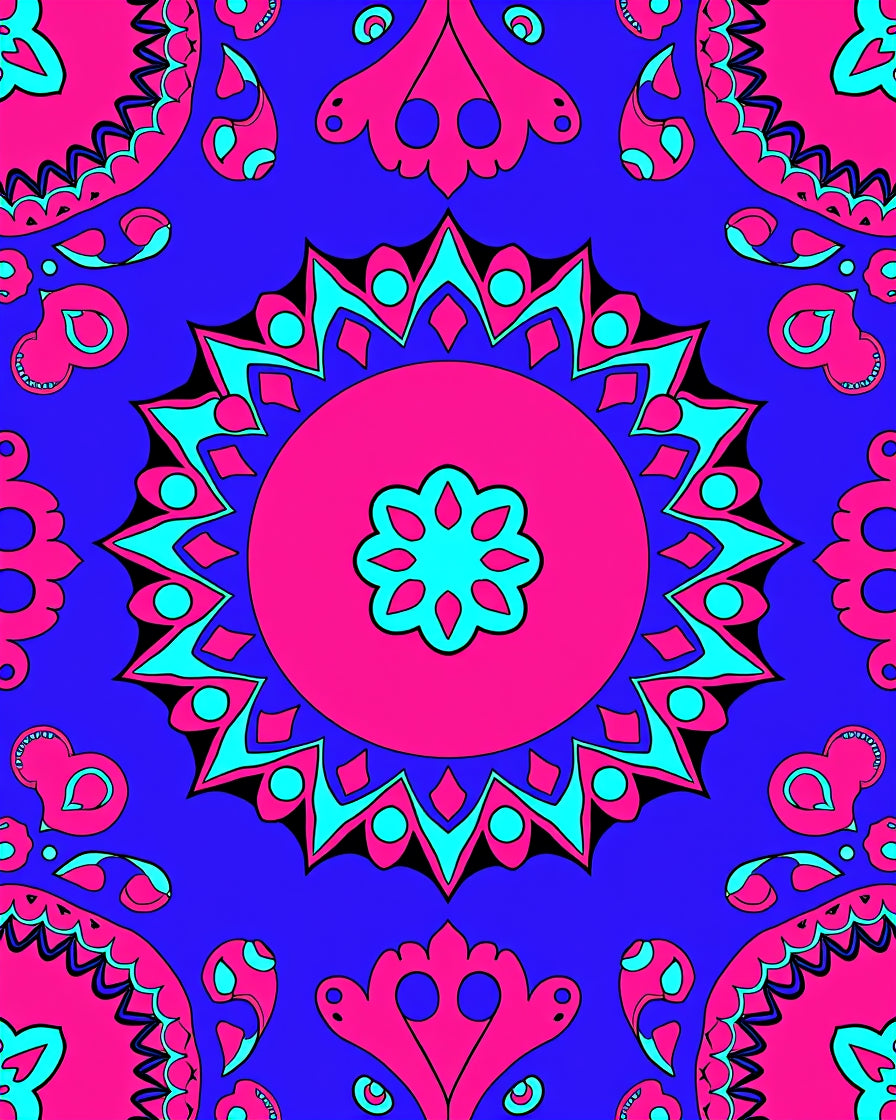 Vibrant Fuchsia Blue Medallion Mandala Rug
