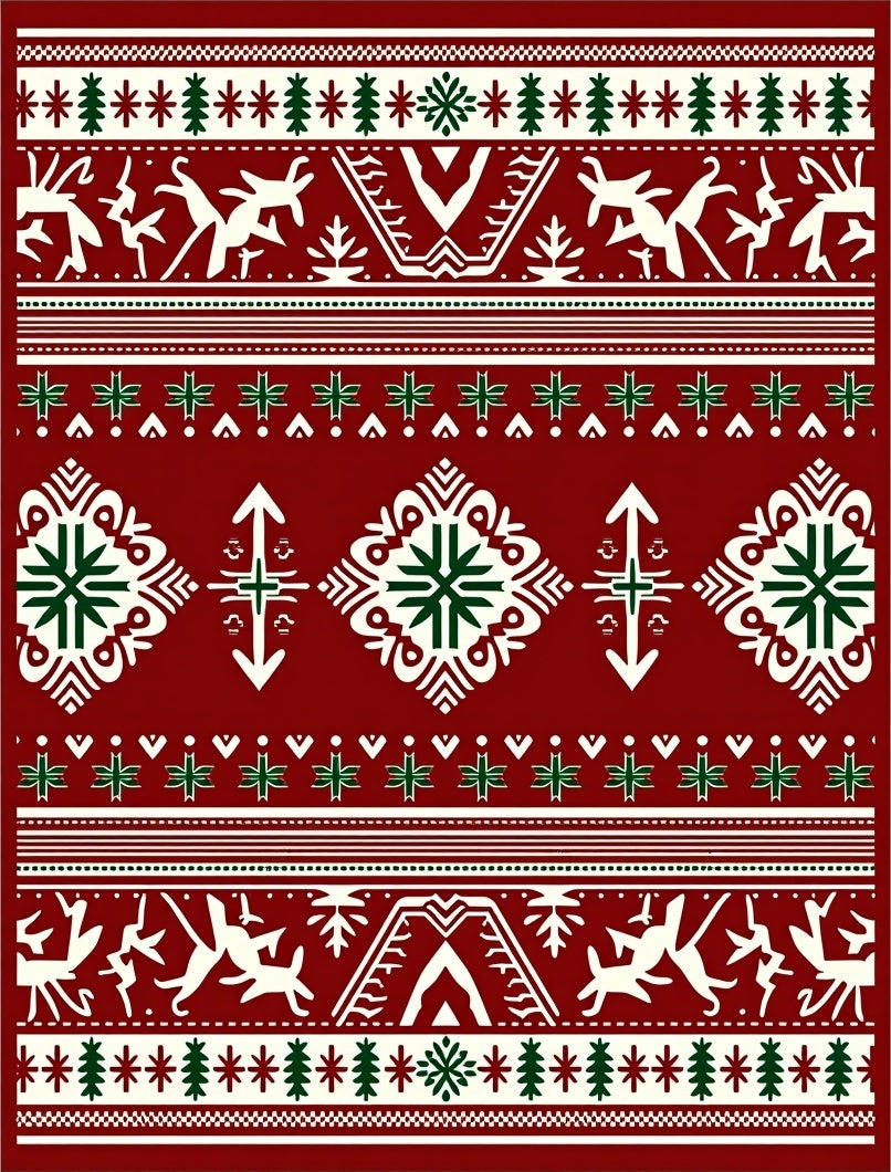 Cherry Red Folk Art Animals Snowflakes Rug