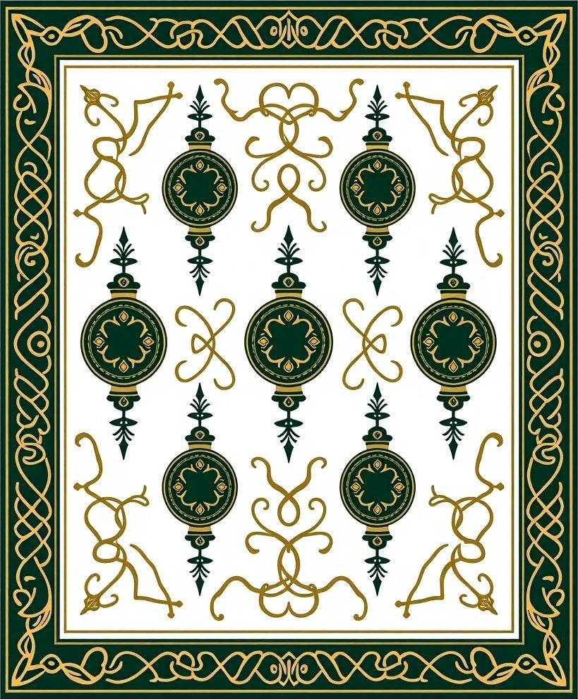 Elegant Dark Green Gold Orb Motif Rug