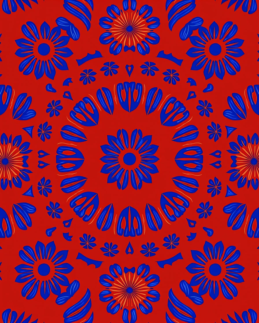 Vibrant Red Blue Floral Mandala Rug
