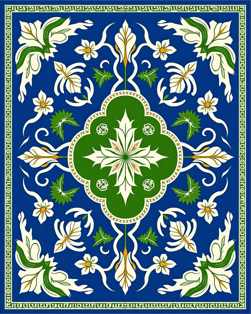 Blue White Green Floral Medallion Rug