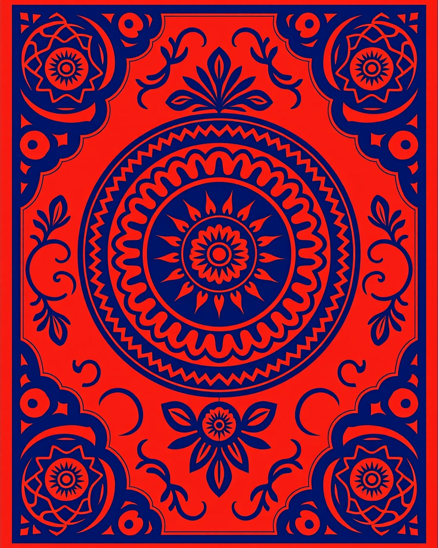 Vibrant Scarlet Sun Mandala Textile Rug