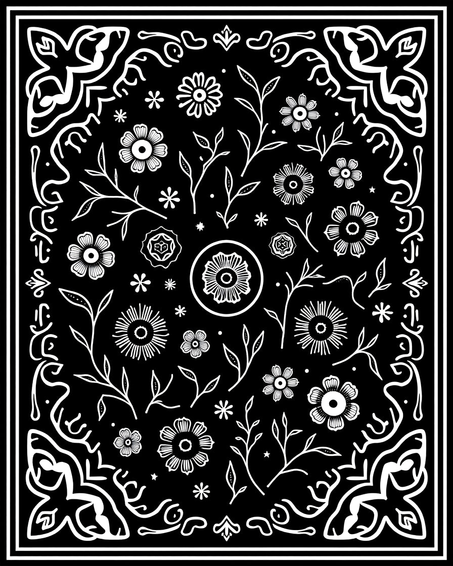 Black White Floral Botanical Artistry Rug