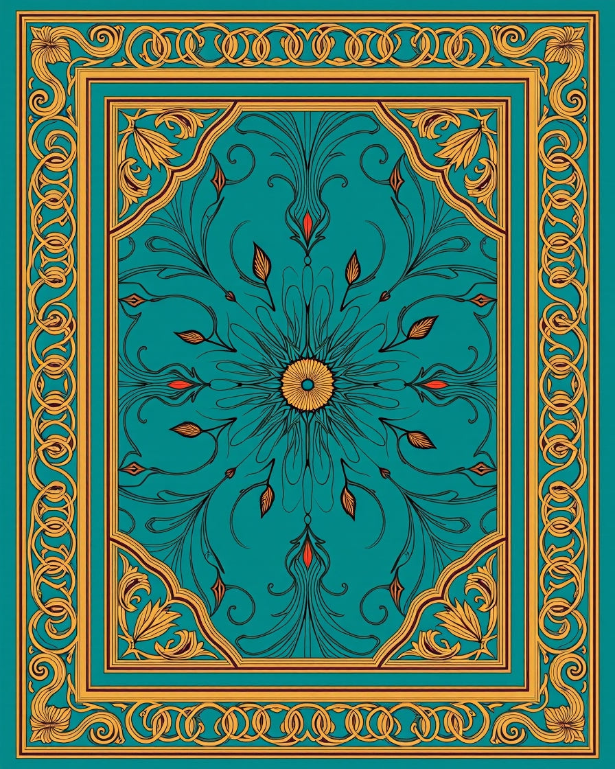 Ornate Teal and Gold Floral Medallion Rug