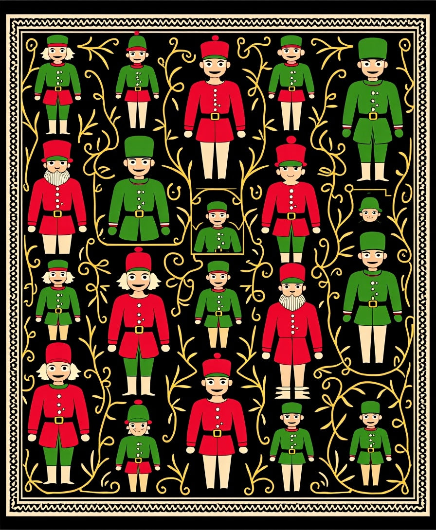 Folk Art Red Green Soldier Motif Rug