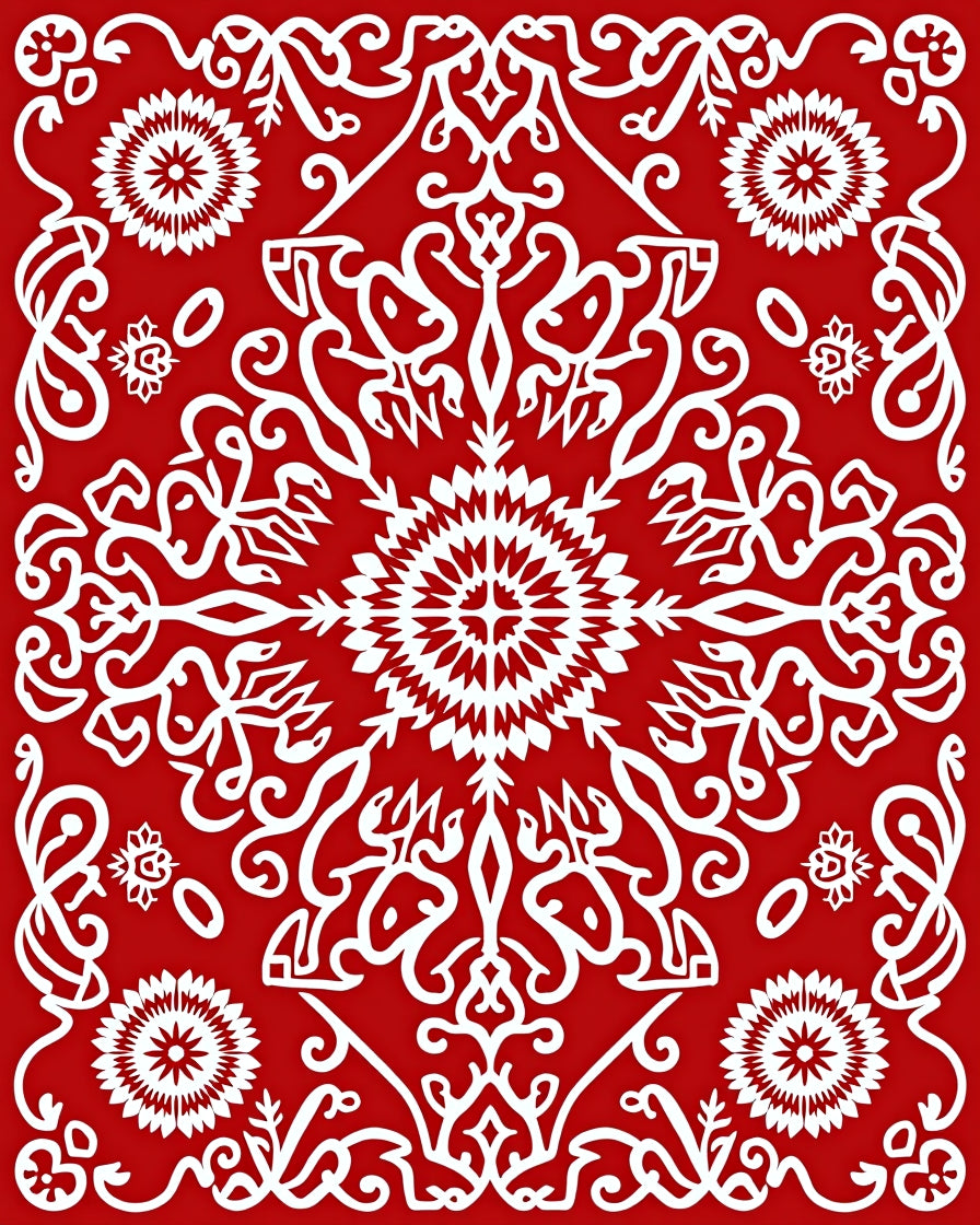 Red White Mandala Scrollwork Medallion Rug