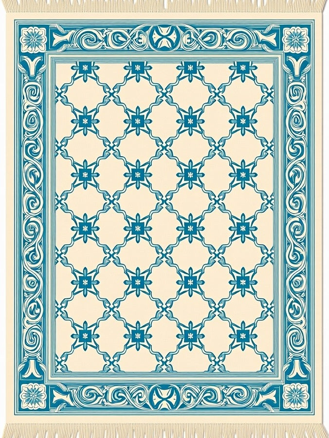 Cream and Teal Lattice Floral Border Rug