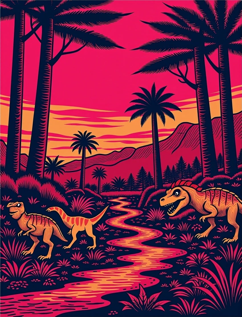 Vibrant Dinosaur Jungle Sunset Landscape Rug