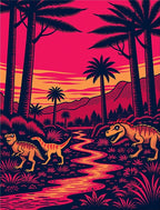 Vibrant Dinosaur Jungle Sunset Landscape Rug