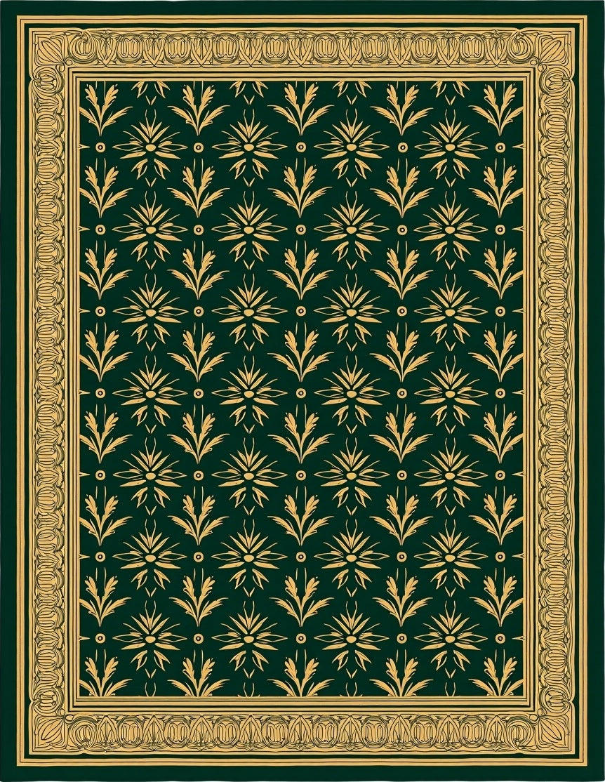 Emerald Green Golden Floral Border Rug