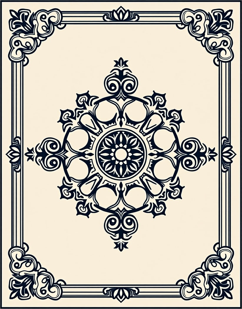 Classic Dark Blue Floral Medallion Frame Rug