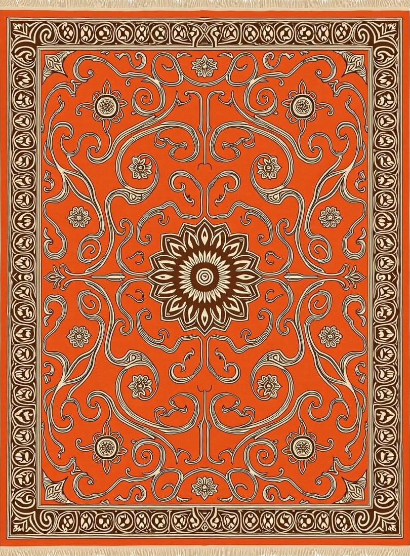 Vibrant Orange Swirl Floral Medallion Rug