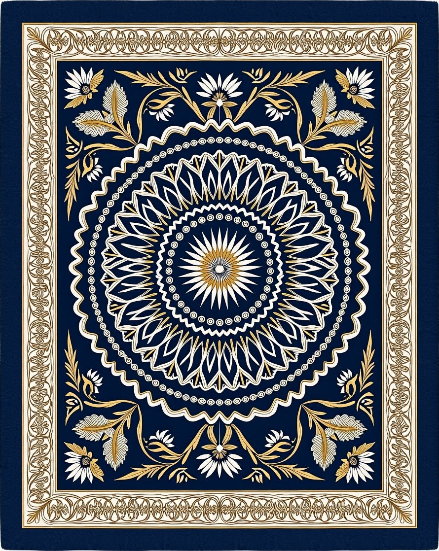 Golden Floral Medallion Navy Rug