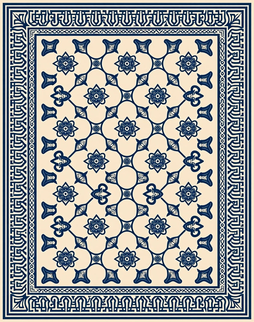 Navy Cream Floral Lattice Border Rug