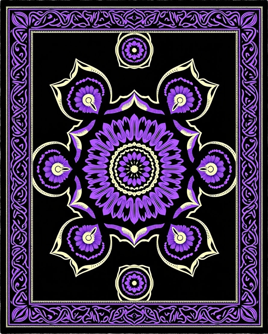 Purple Violet Floral Mandala Border Rug