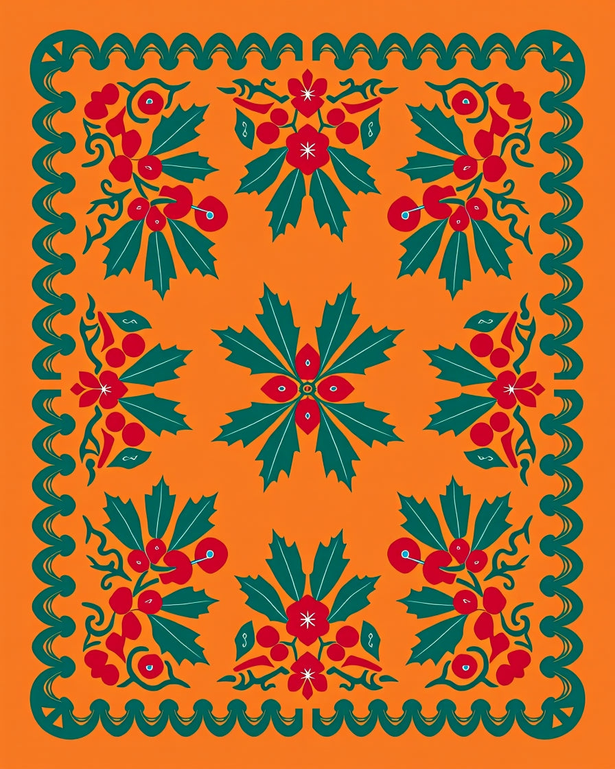 Vibrant Red Green Holly Berry Border Rug