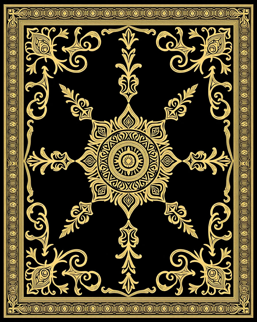 Golden Mandala Medallion Black Rug