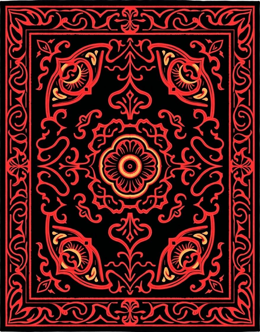 Crimson Black Ornate Floral Medallion Rug