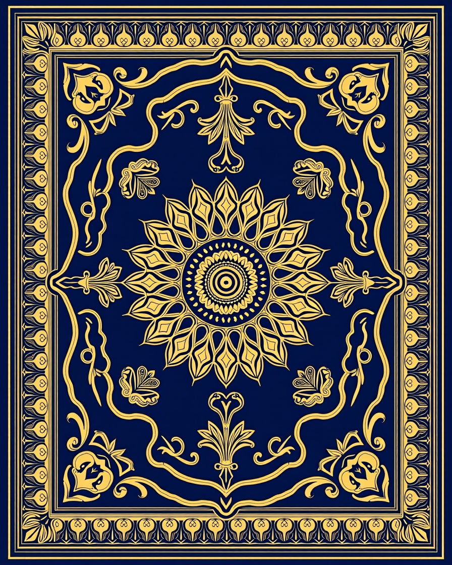 Navy Blue Gold Floral Medallion Rug