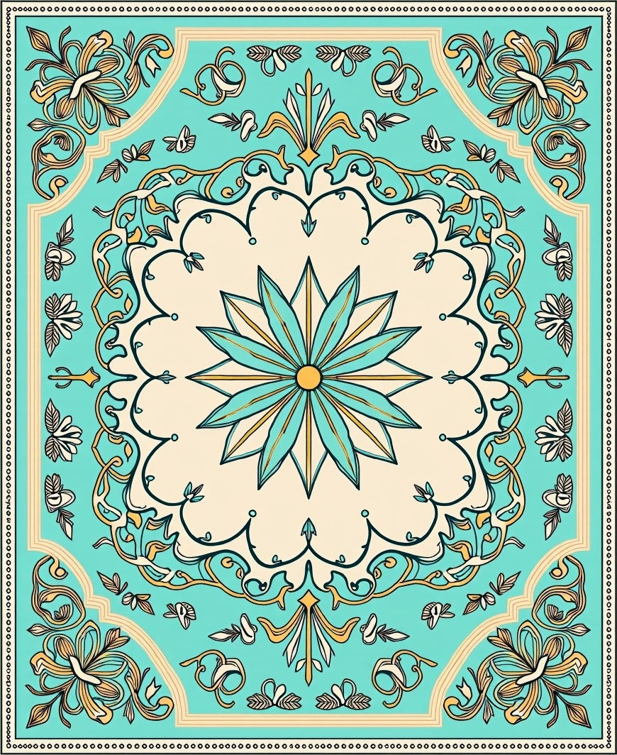 Turquoise Cream Floral Medallion Border Rug