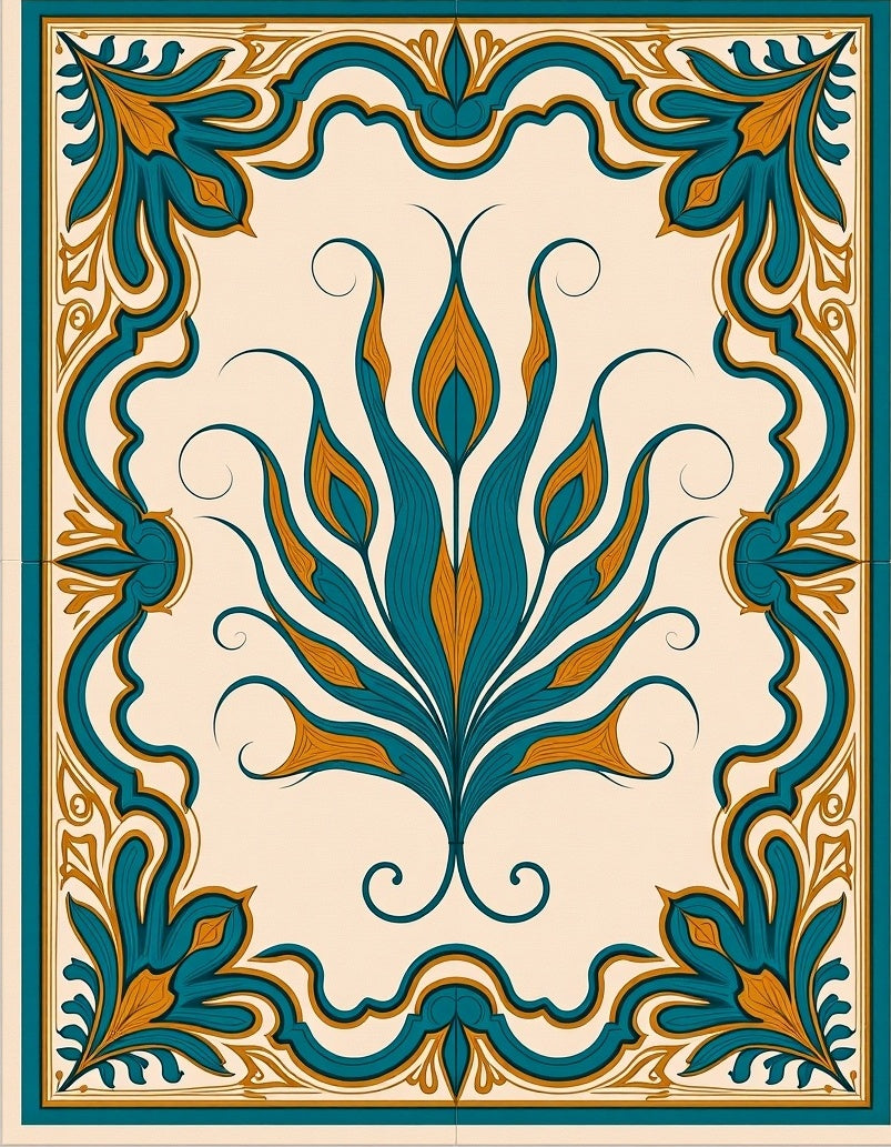 Teal and Gold Floral Frame Rug