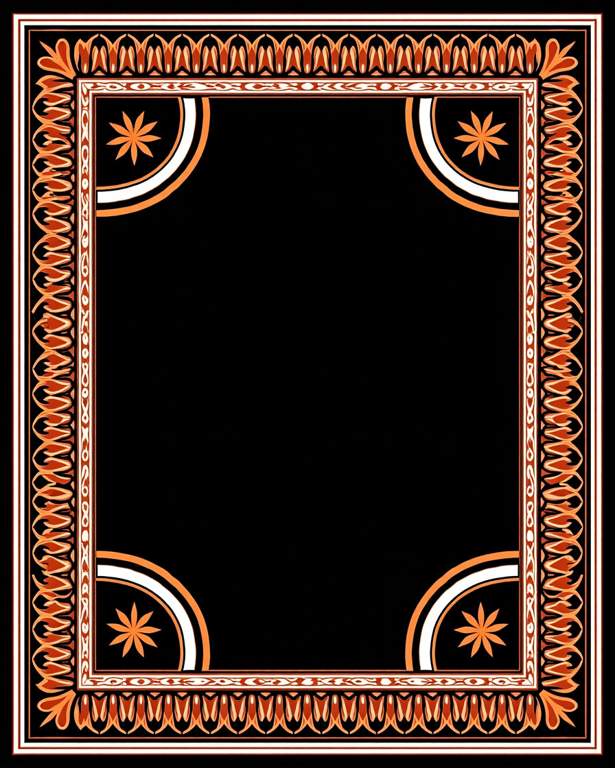 Ornate Orange and Black Medallion Frame Rug