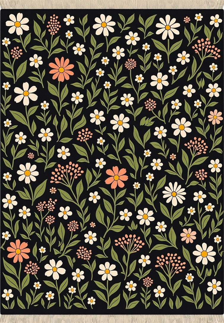 Black Floral Meadow Bloom Rug