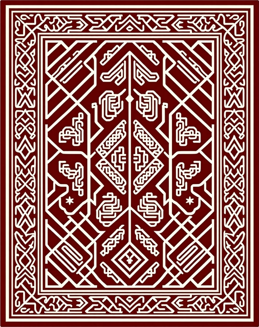 Crimson White Interlocking Geometric Fabric Rug