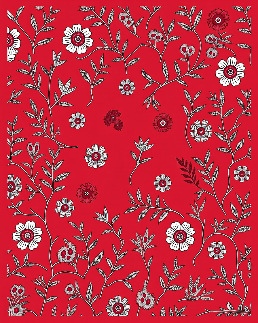 Red White Floral Botanical Vine Rug