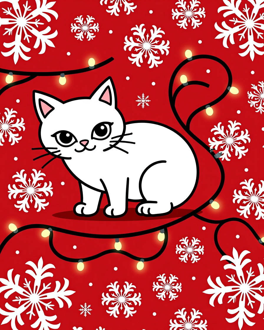 Cute White Cat Snowflake Holiday Lights Rug