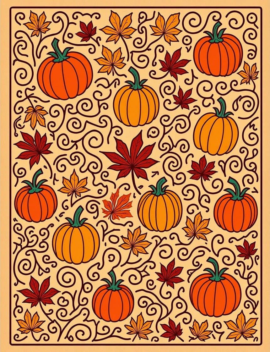 Autumn Pumpkin Leaf Scrollwork Rug