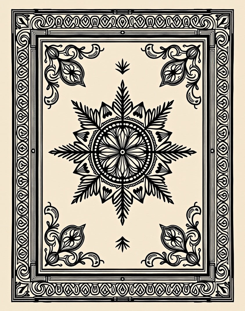 Black And Cream Floral Medallion Border Rug