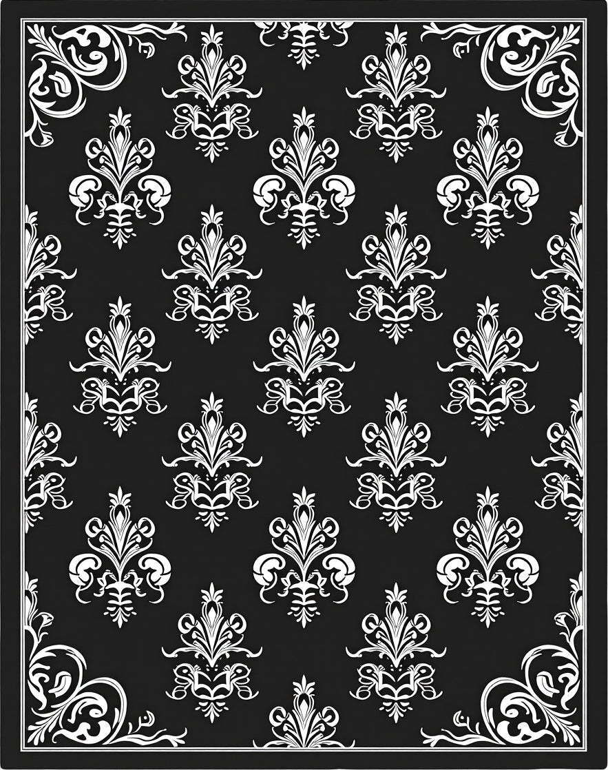 Classic Black White Damask Scroll Rug