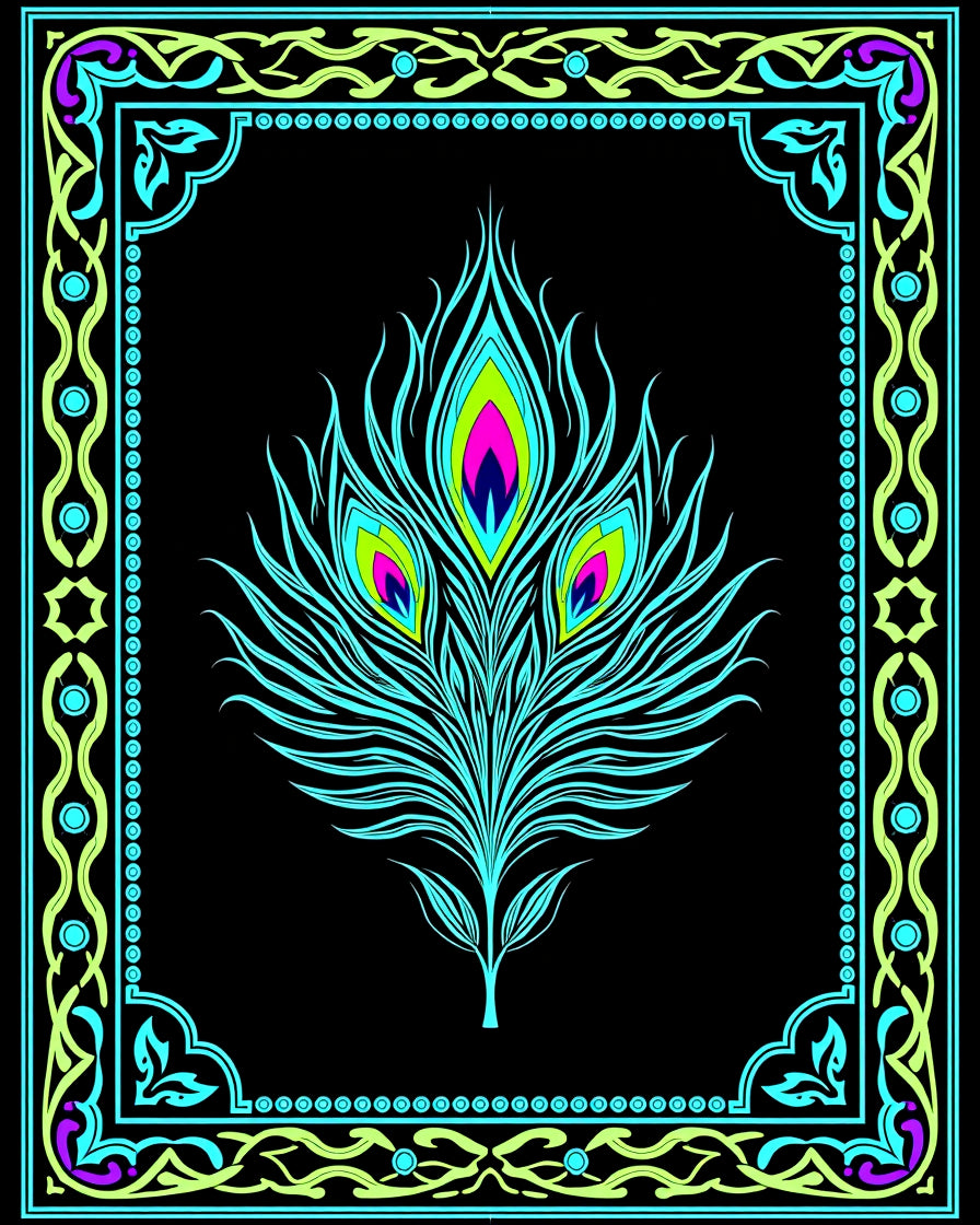 Vibrant Teal Peacock Feather Frame Rug