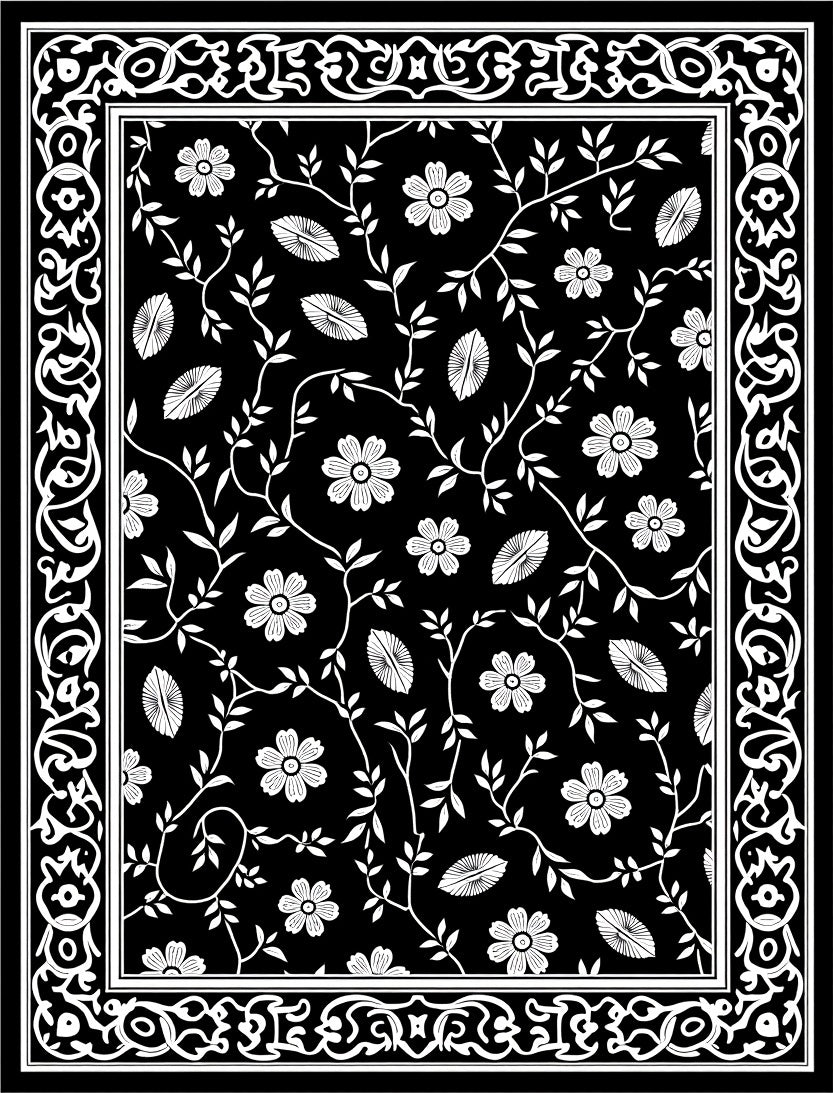 Black White Floral Vines Border Rug