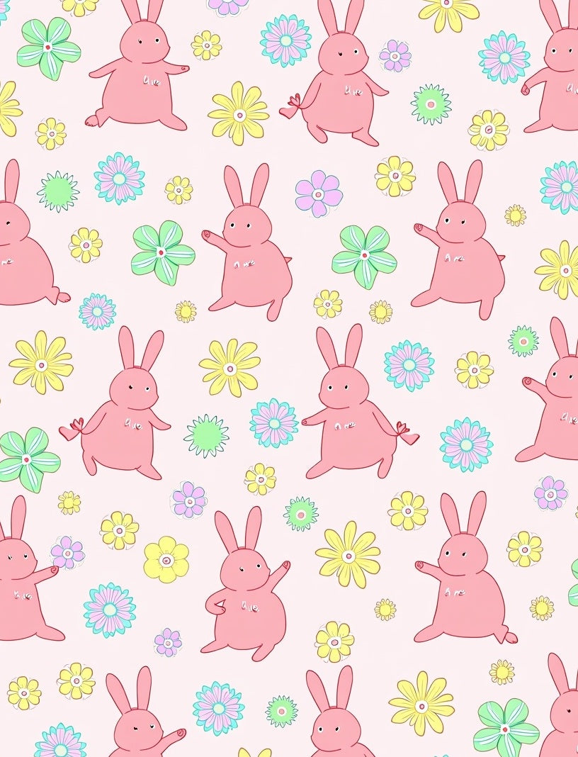 Playful pink bunnies flower meadow Rug